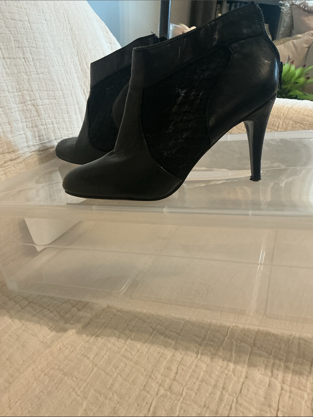 NineWest Black Leather and See-Through Mesh Ankle Boot